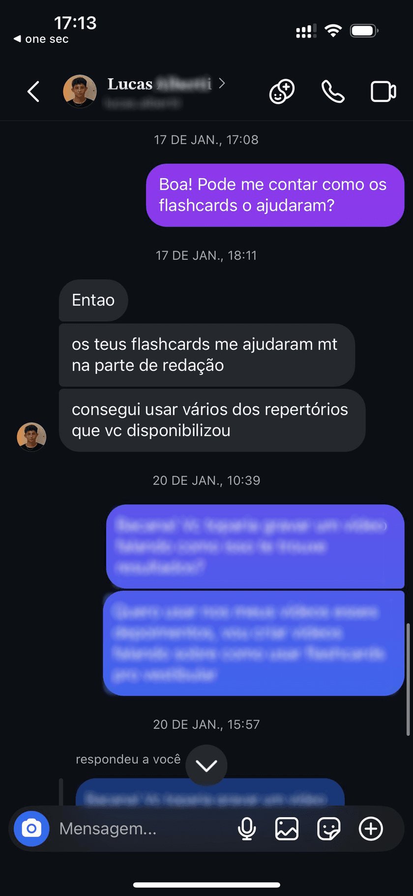 Mensagem de Lucas: os teus flashcards me ajudaram muito na parte de redação, usei vários dos repertórios