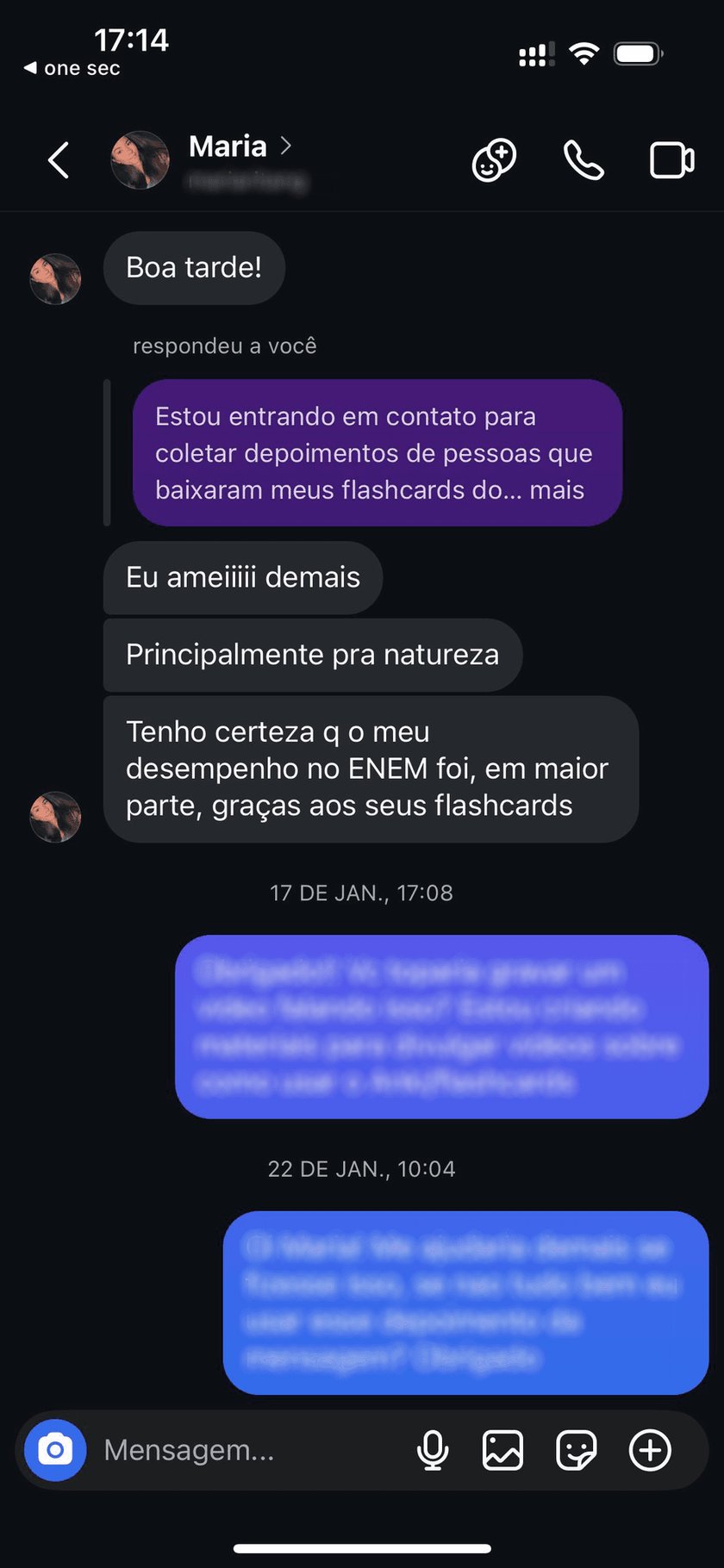 Mensagem de Maria: amei demais, meu desempenho no ENEM foi em maior parte graças aos seus flashcards