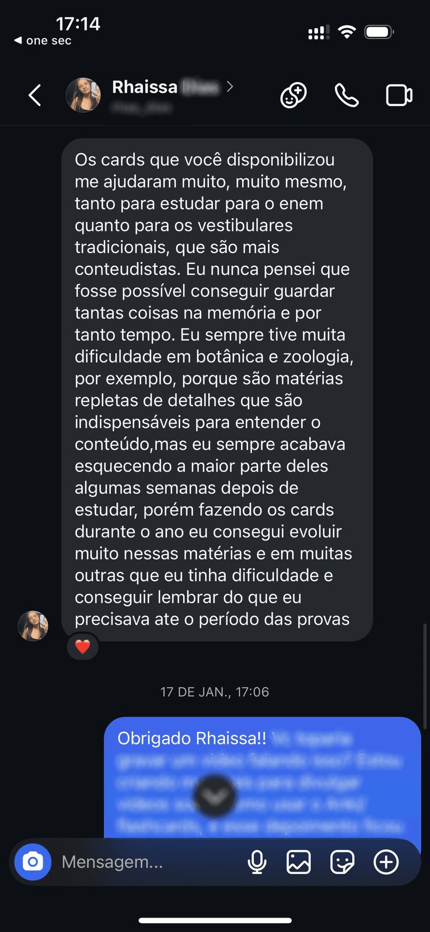 Mensagem de Rhaissa: os cards me ajudaram muito, nunca pensei que fosse possível guardar tantas coisas na memória por tanto tempo